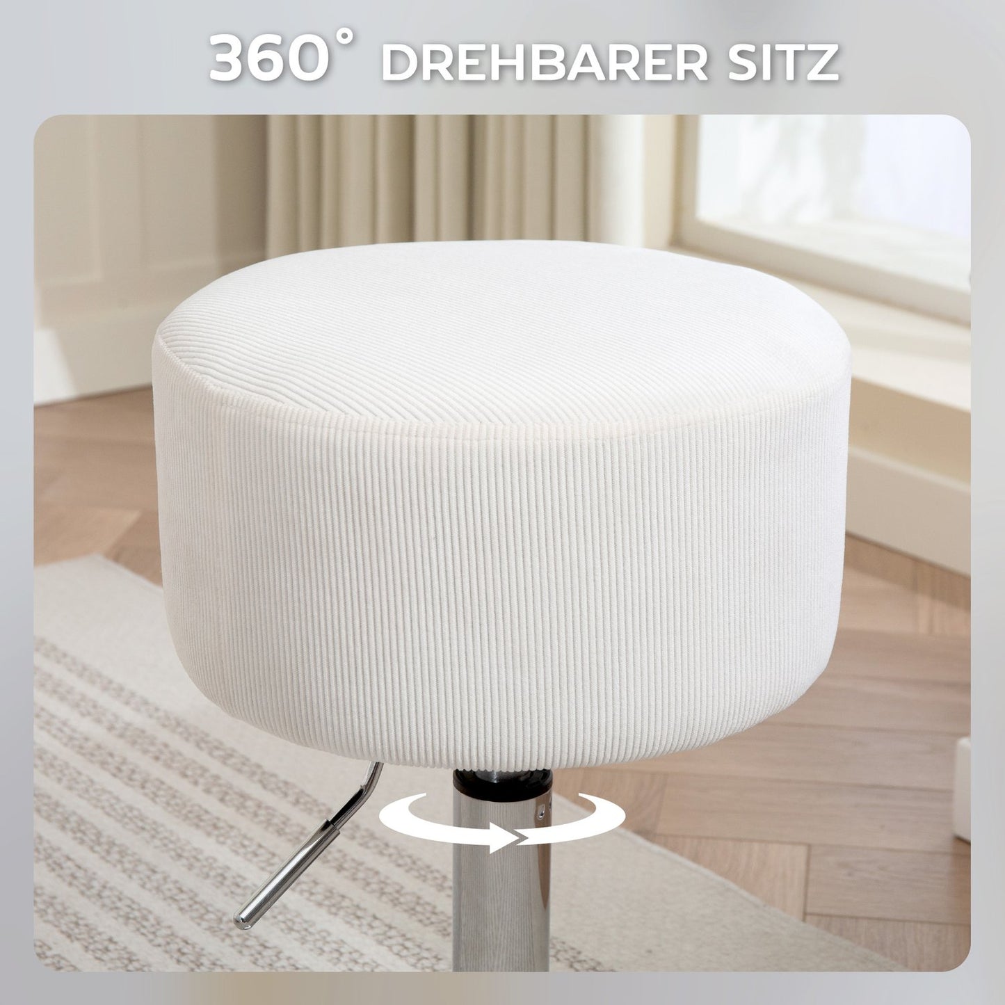 Bar stool, upholstered bar chair with metal frame, corduroy look, height adjustable, 360° rotatable, white
