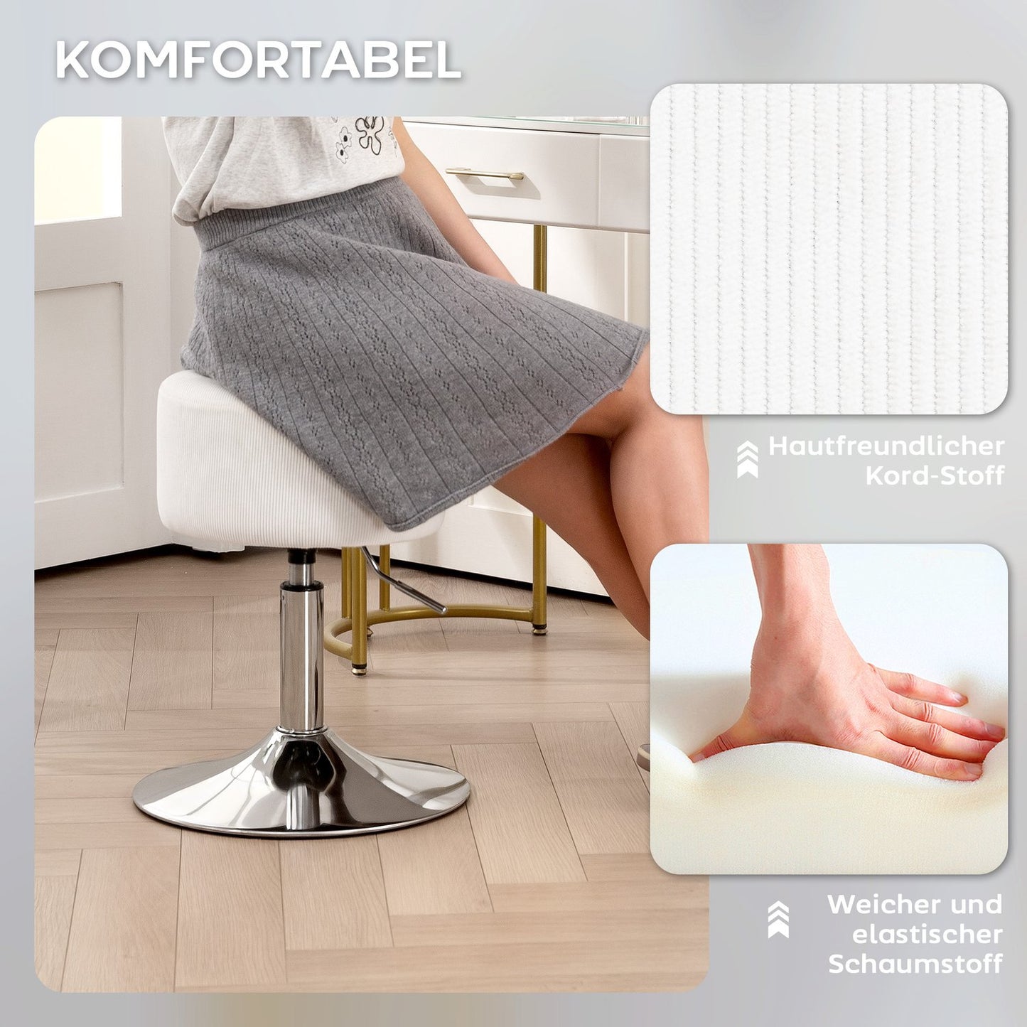 Bar stool, upholstered bar chair with metal frame, corduroy look, height adjustable, 360° rotatable, white