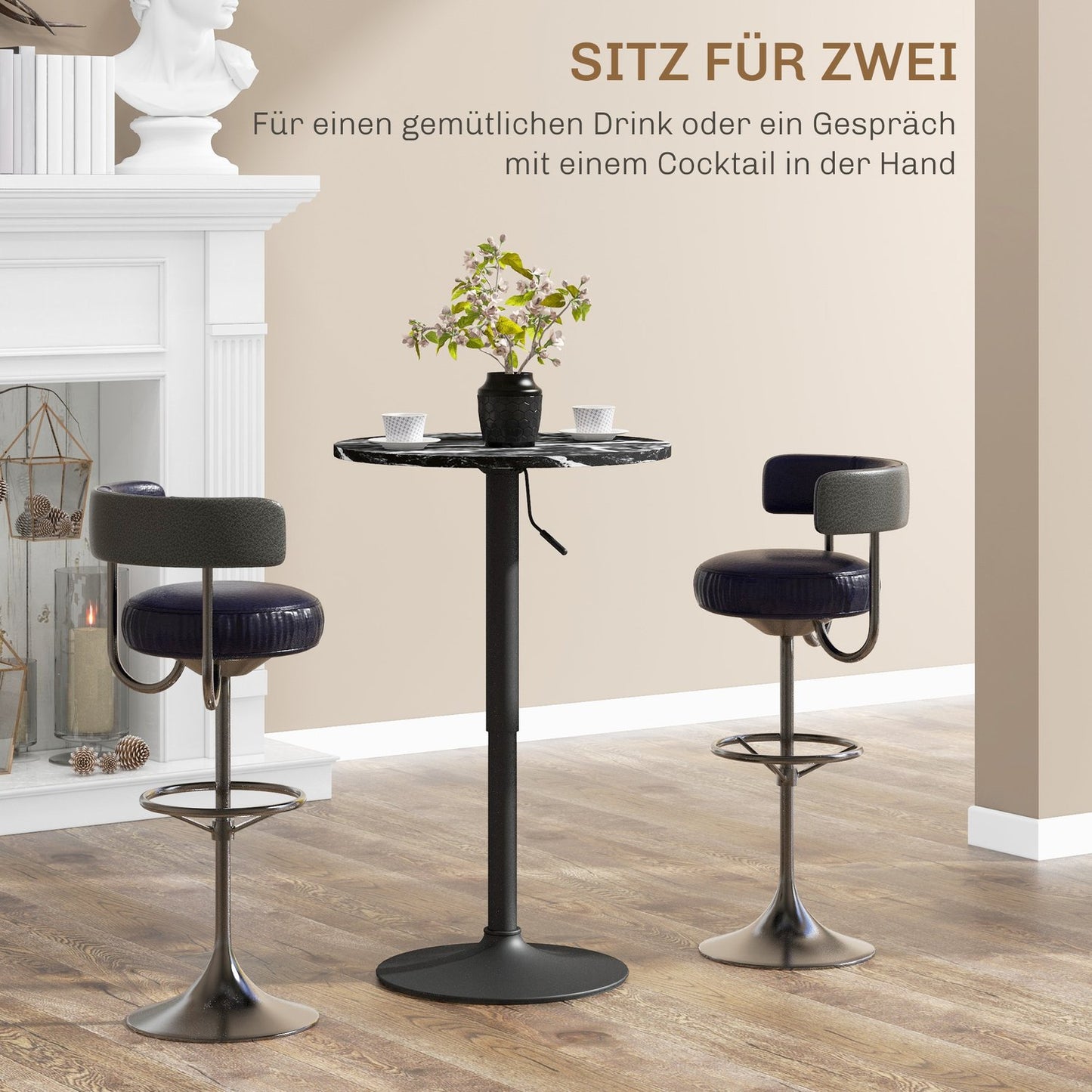 Round black dining table, marble look - adjustable Ø60 x 68-93.5 cm
