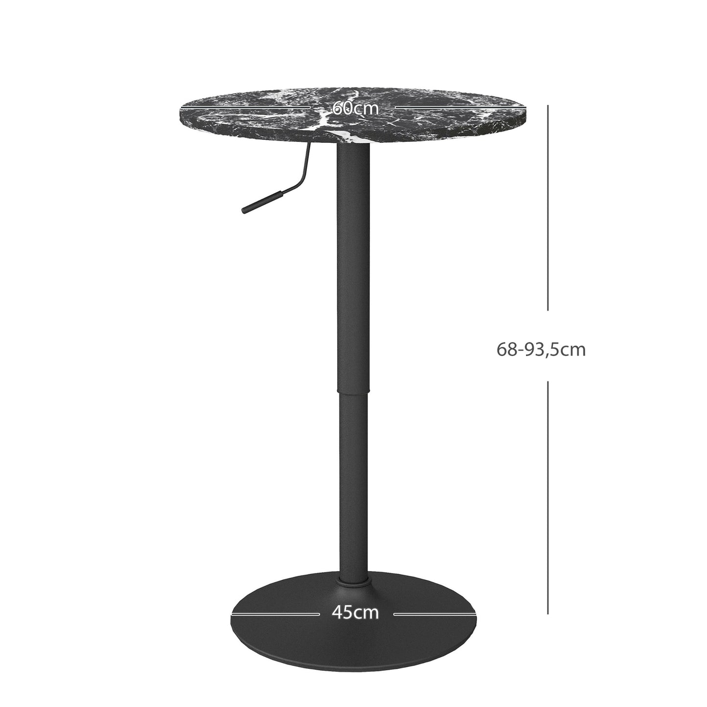 Round black dining table, marble look - adjustable Ø60 x 68-93.5 cm