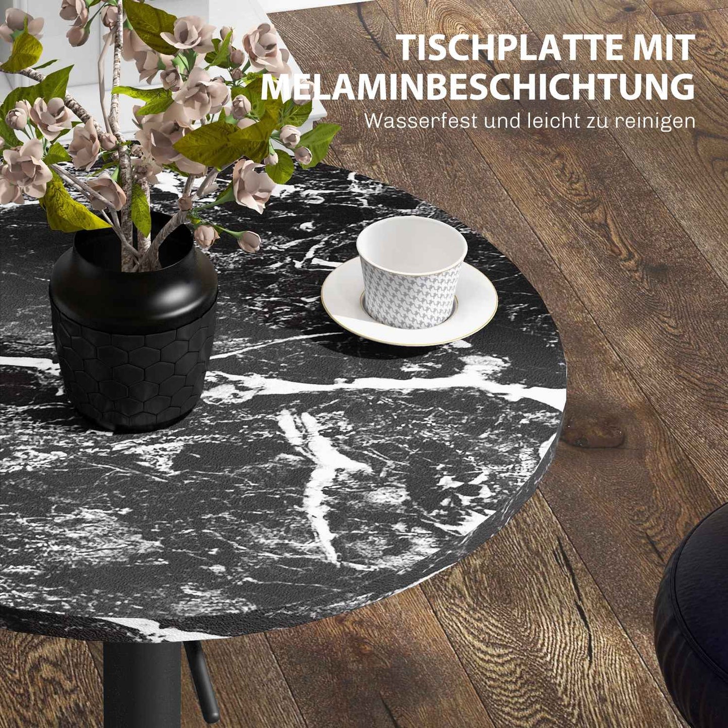 Round black dining table, marble look - adjustable Ø60 x 68-93.5 cm