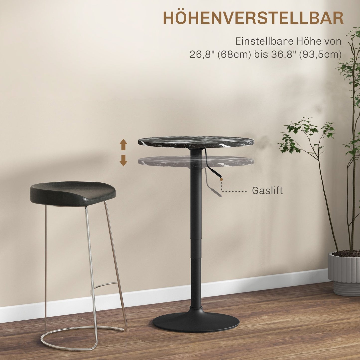 Round black dining table, marble look - adjustable Ø60 x 68-93.5 cm