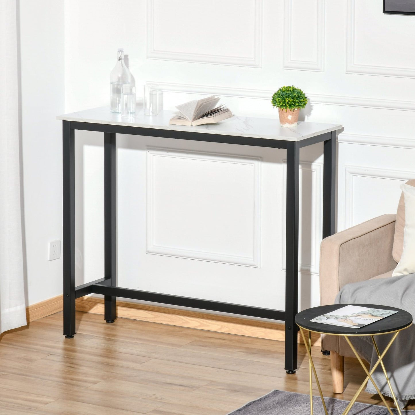 Bar table with marble look, adjustable feet, steel 120x40x100 cm