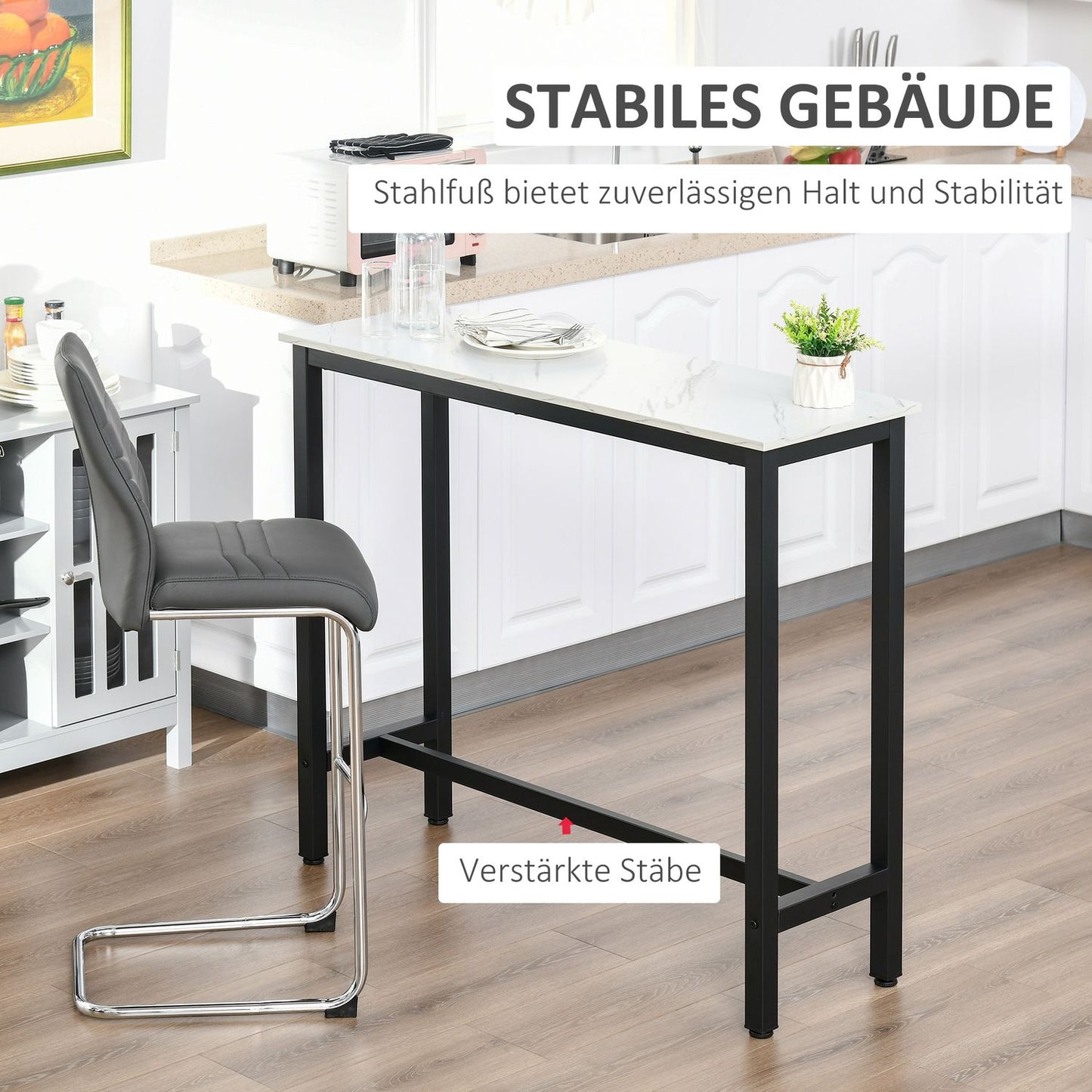 Bar table with marble look, adjustable feet, steel 120x40x100 cm