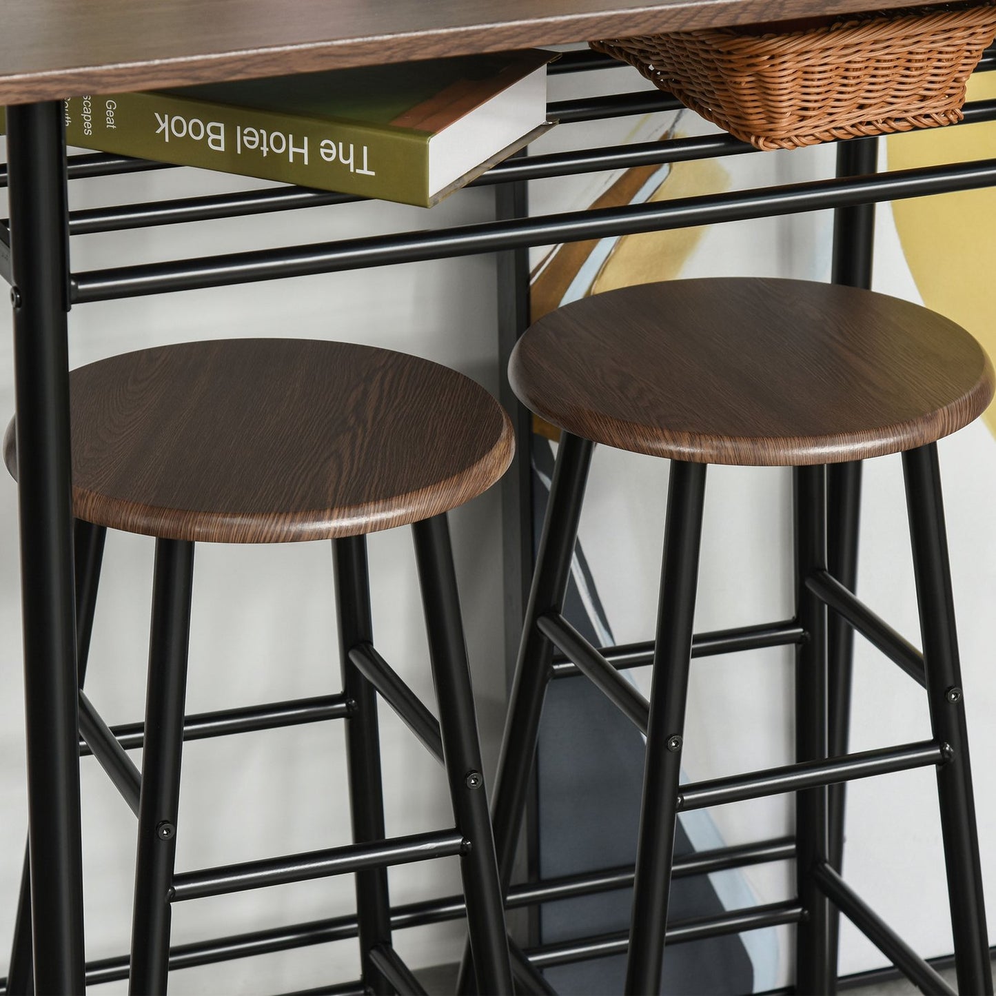 Black Bar table set with stools & storage, 80x50x90 cm