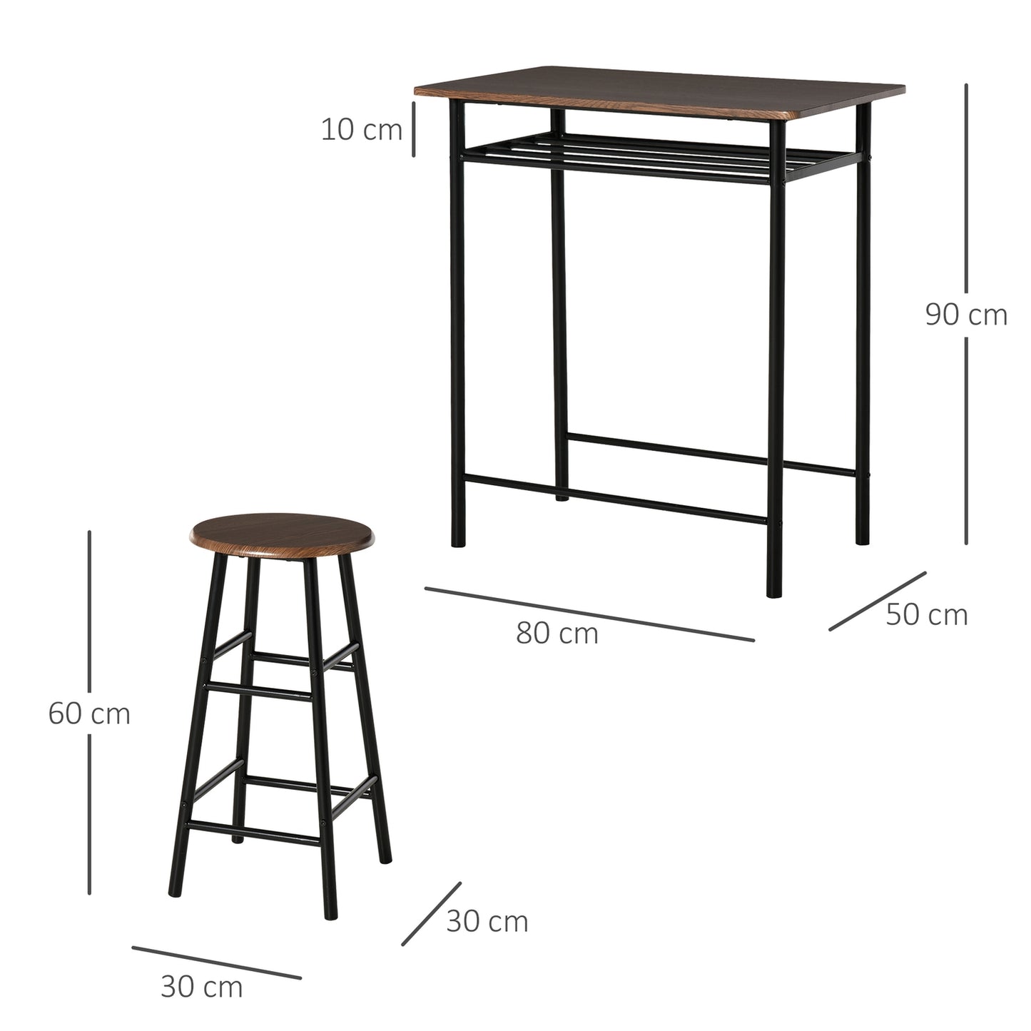 Black Bar table set with stools & storage, 80x50x90 cm