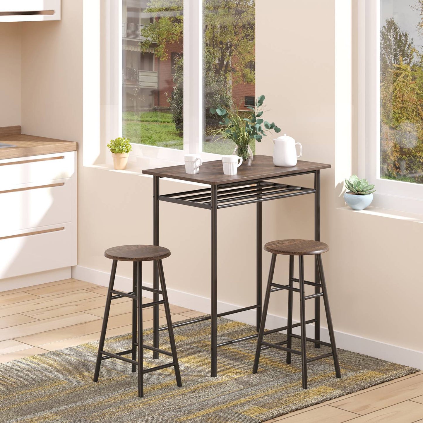 Black Bar table set with stools & storage, 80x50x90 cm
