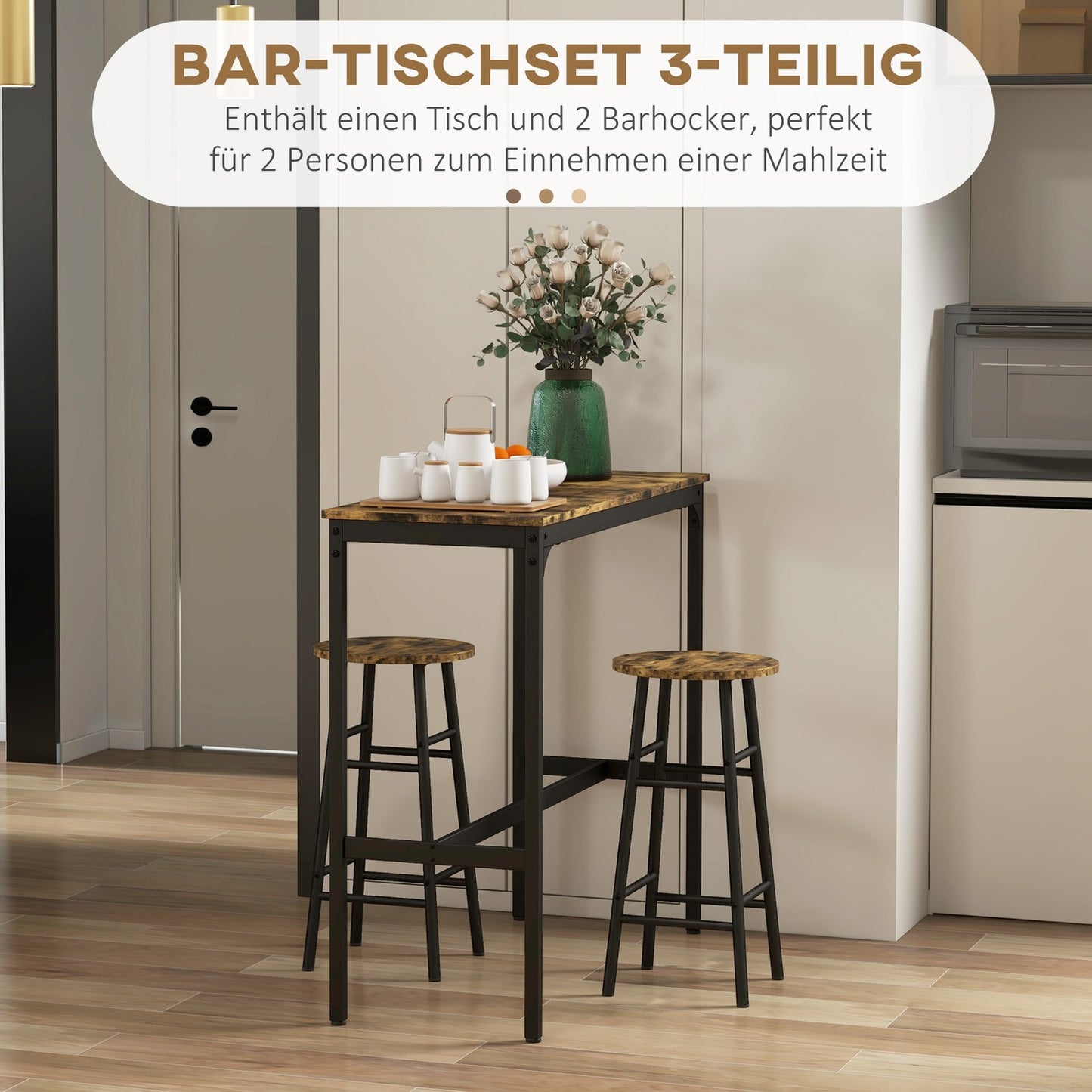 Industrial bar table set with stools, rustic brown steel