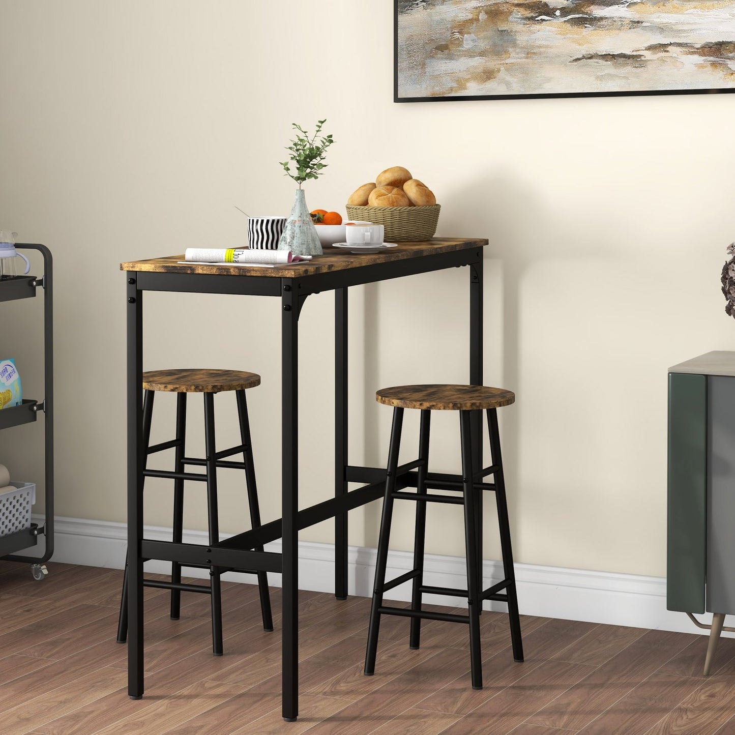 Industrial bar table set with stools, rustic brown steel