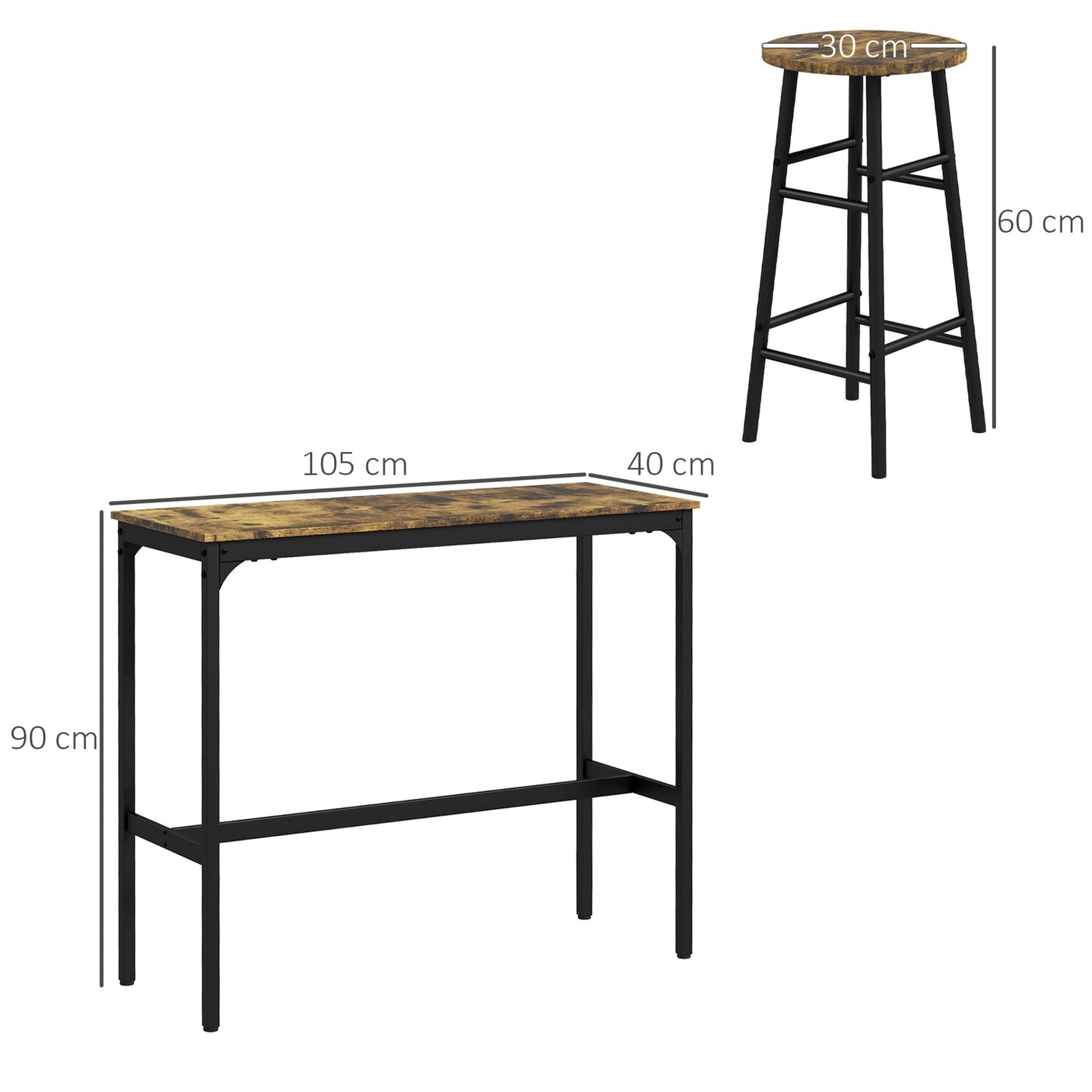 Industrial bar table set with stools, rustic brown steel