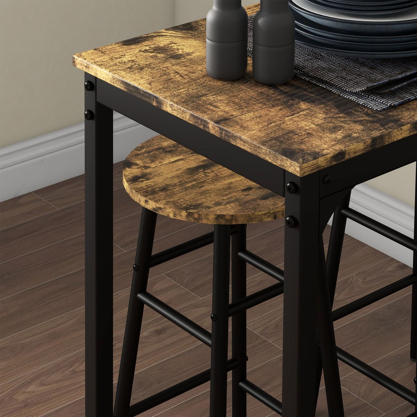 Industrial bar table set with stools, rustic brown steel