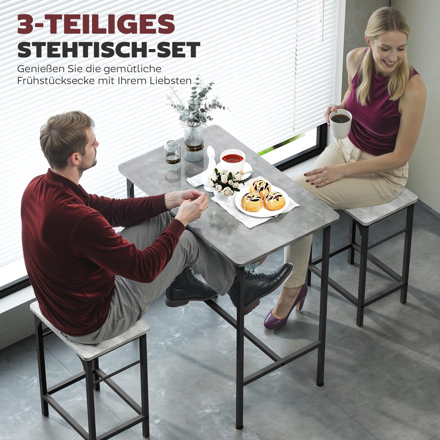 Bar Table Set with 2 Stools, Grey Finish