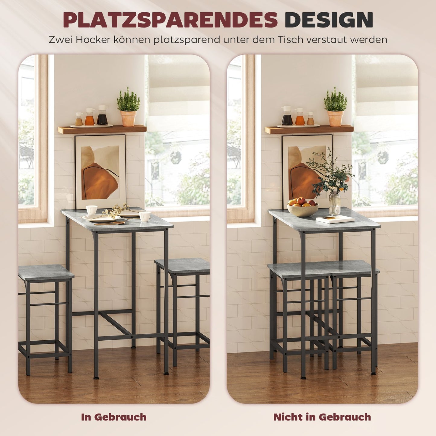 Bar Table Set with 2 Stools, Grey Finish