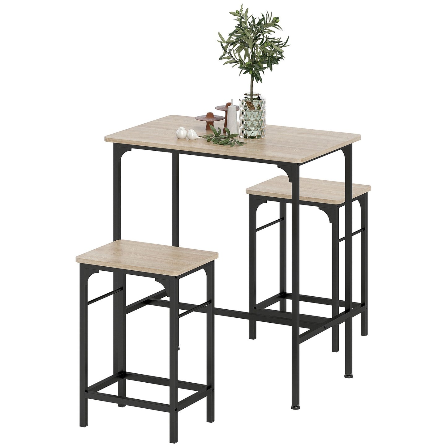 Bar Table Set with 2 Stools, Natural Wood Finish