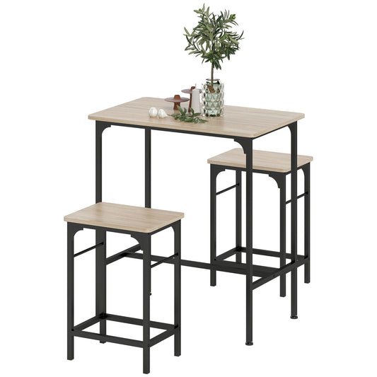 Bar Table Set with 2 Stools, Natural Wood Finish