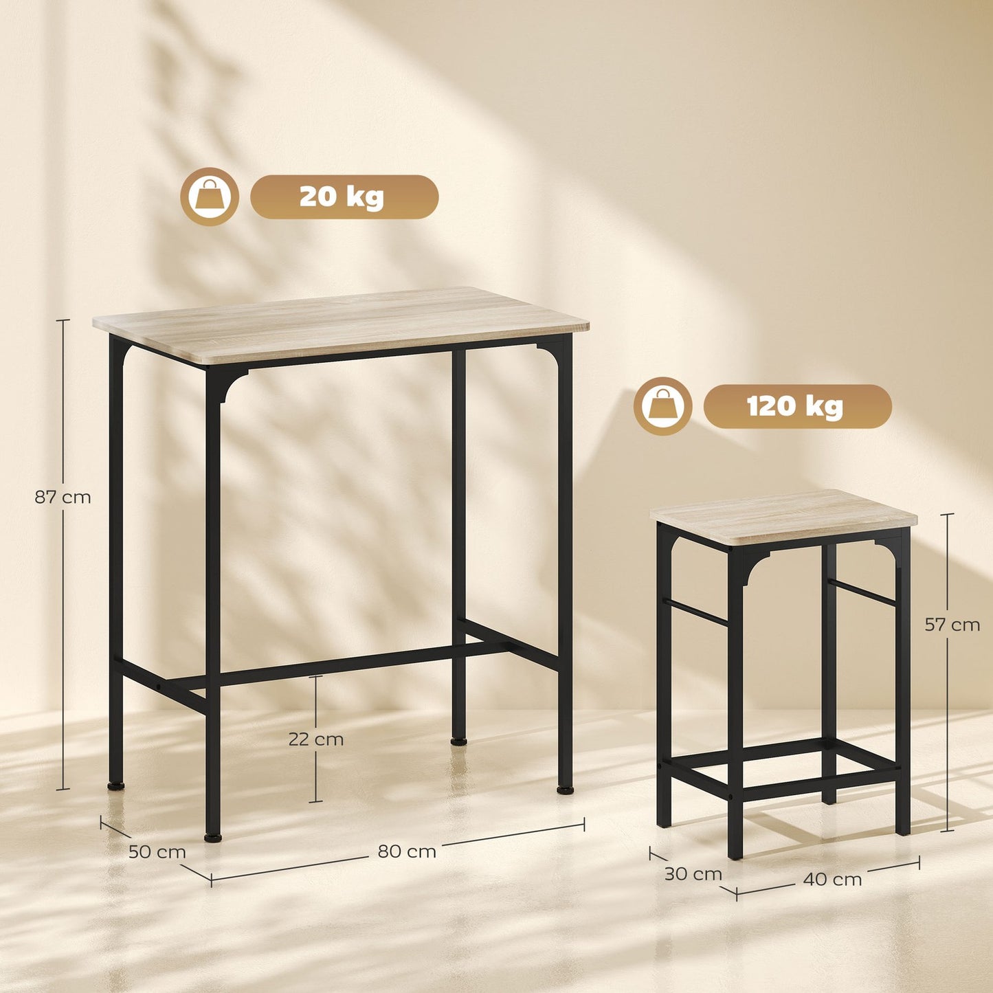 Bar Table Set with 2 Stools, Natural Wood Finish