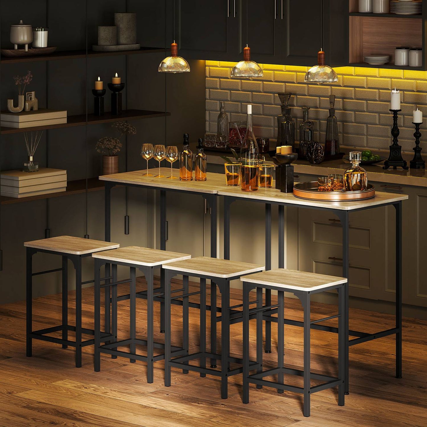 Bar Table Set with 2 Stools, Natural Wood Finish