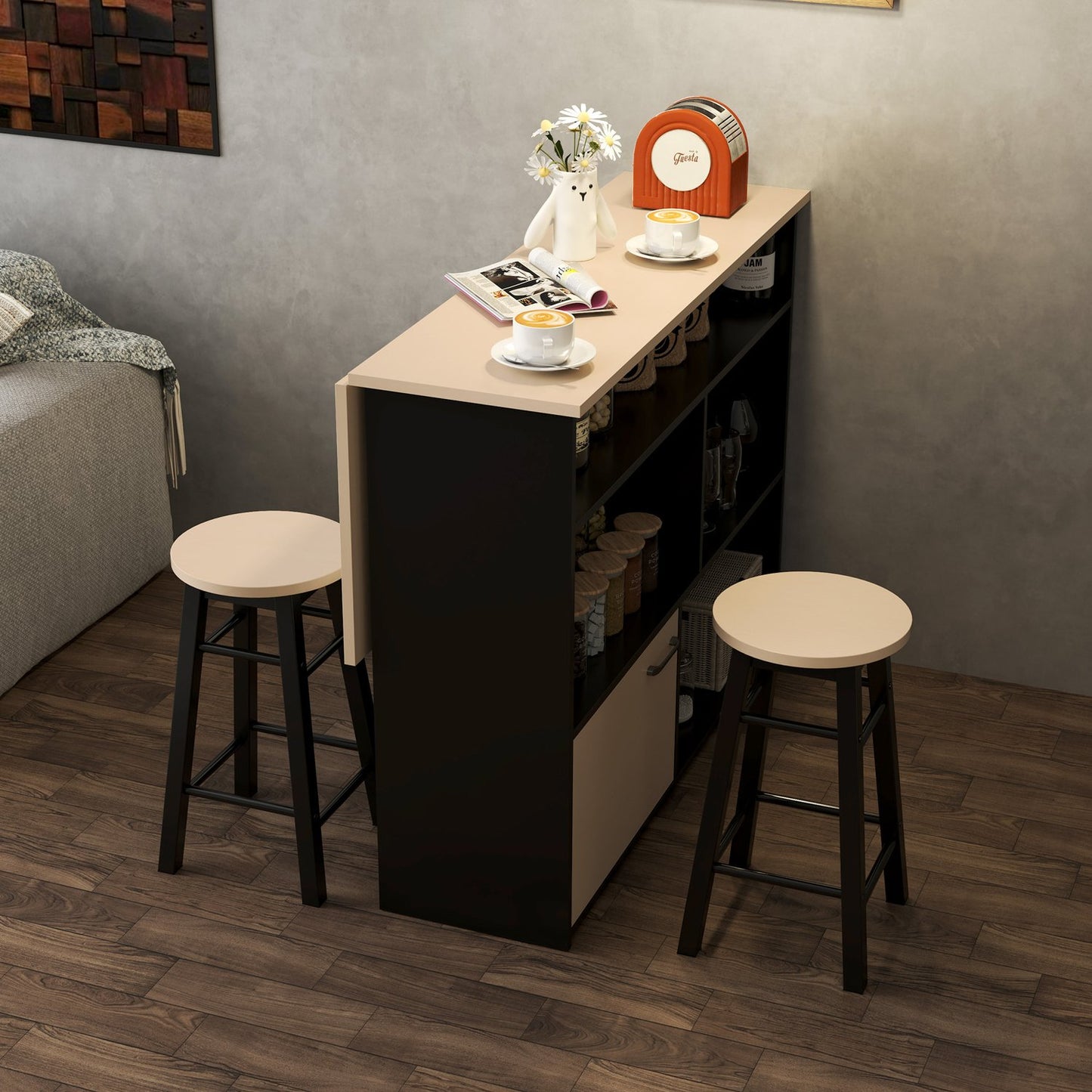 3-piece black dining room set, folding top and storage cabinet