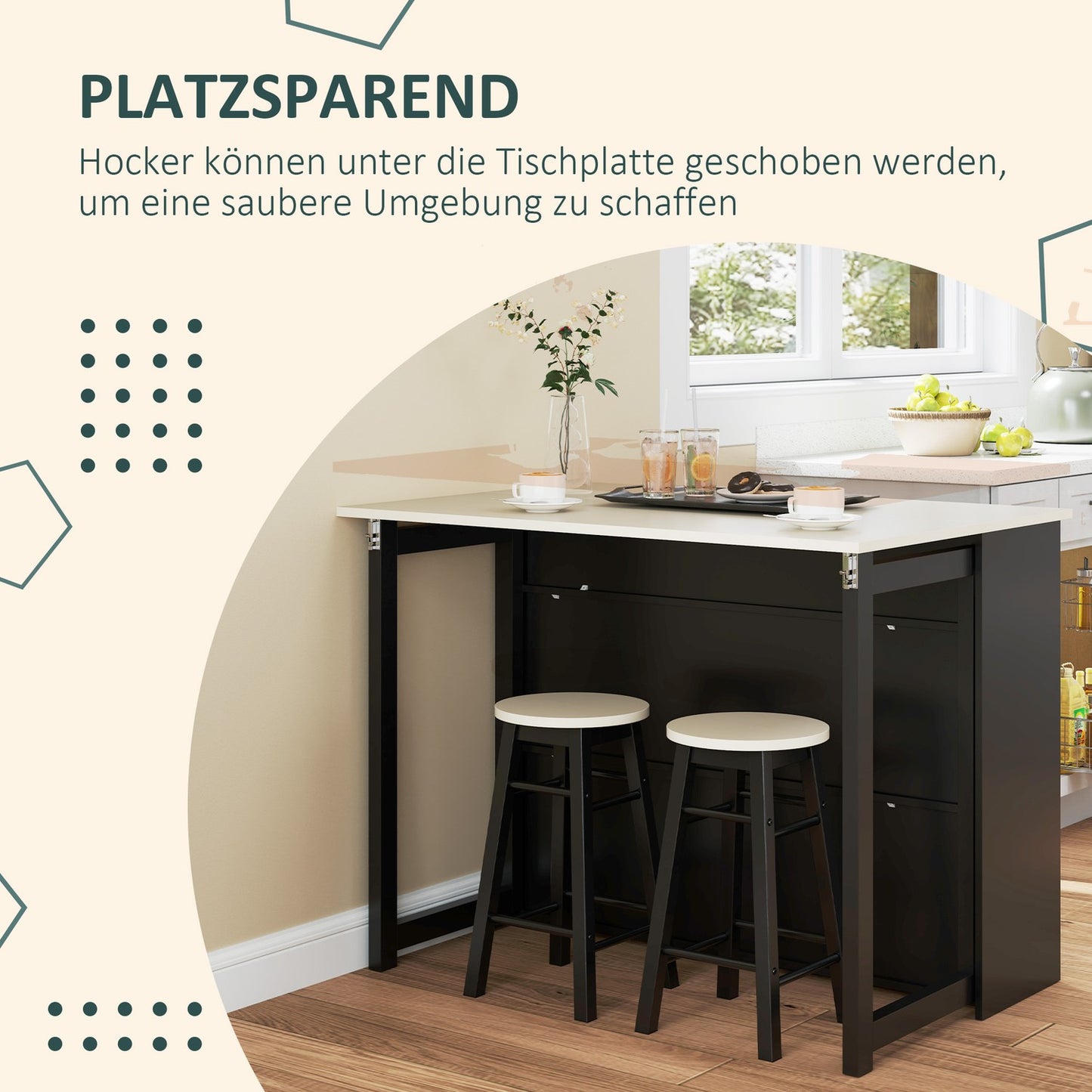 3-piece black dining room set, folding top and storage cabinet