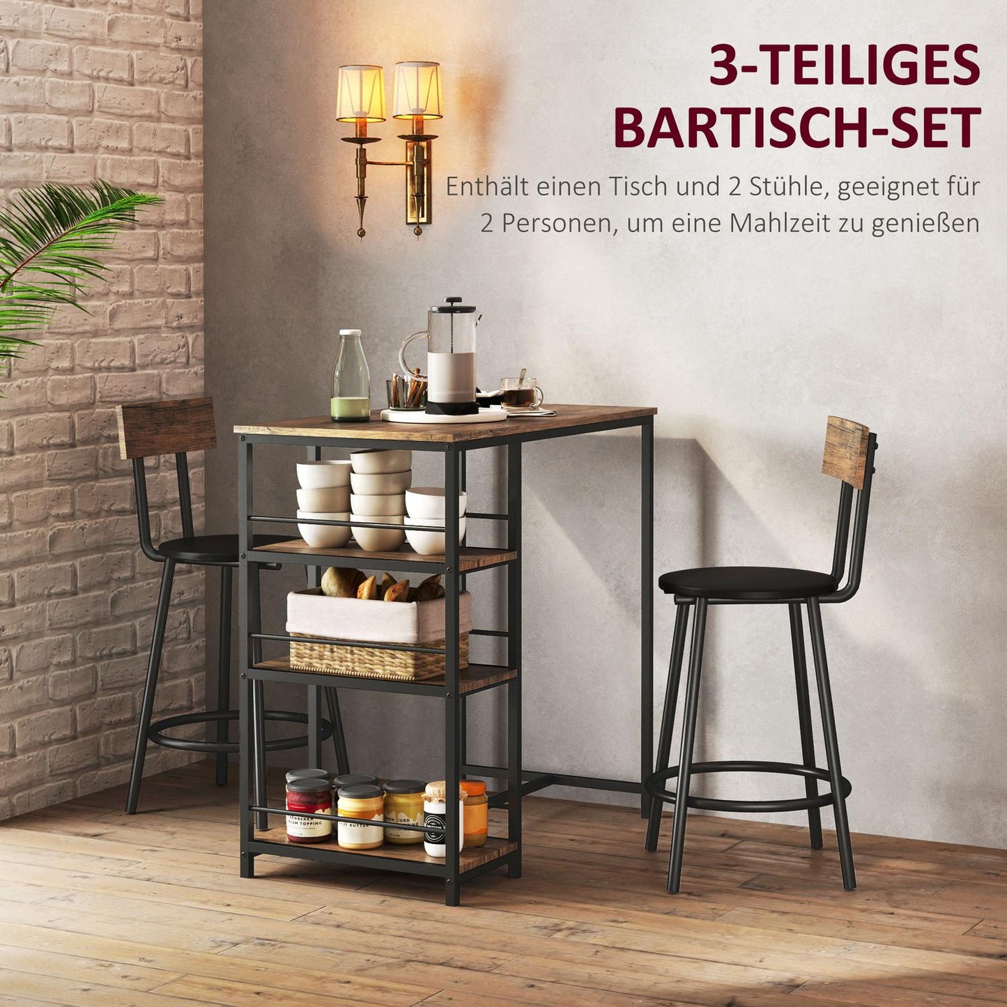 Modern bar table set, 3 parts with storage shelves