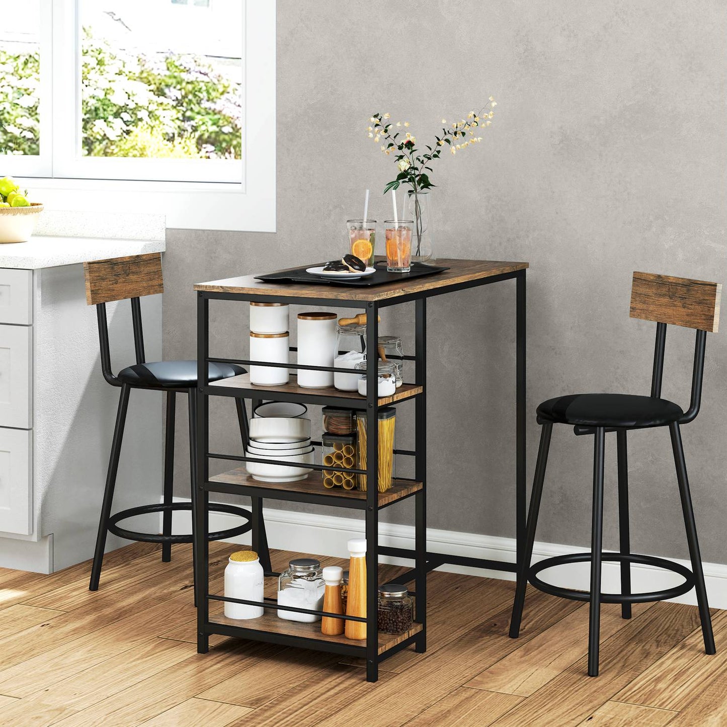 Modern bar table set, 3 parts with storage shelves