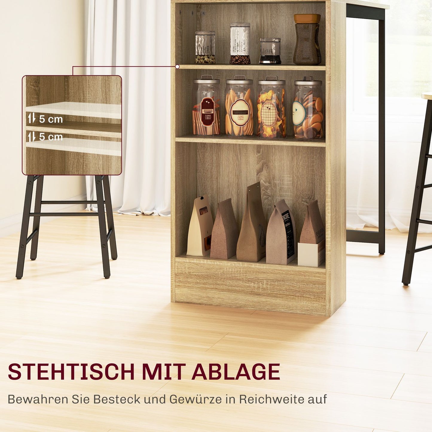 Bar table set with storage, 3-piece – Steel & Oak