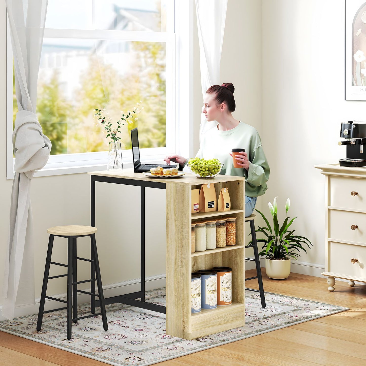 Bar table set with storage, 3-piece – Steel & Oak
