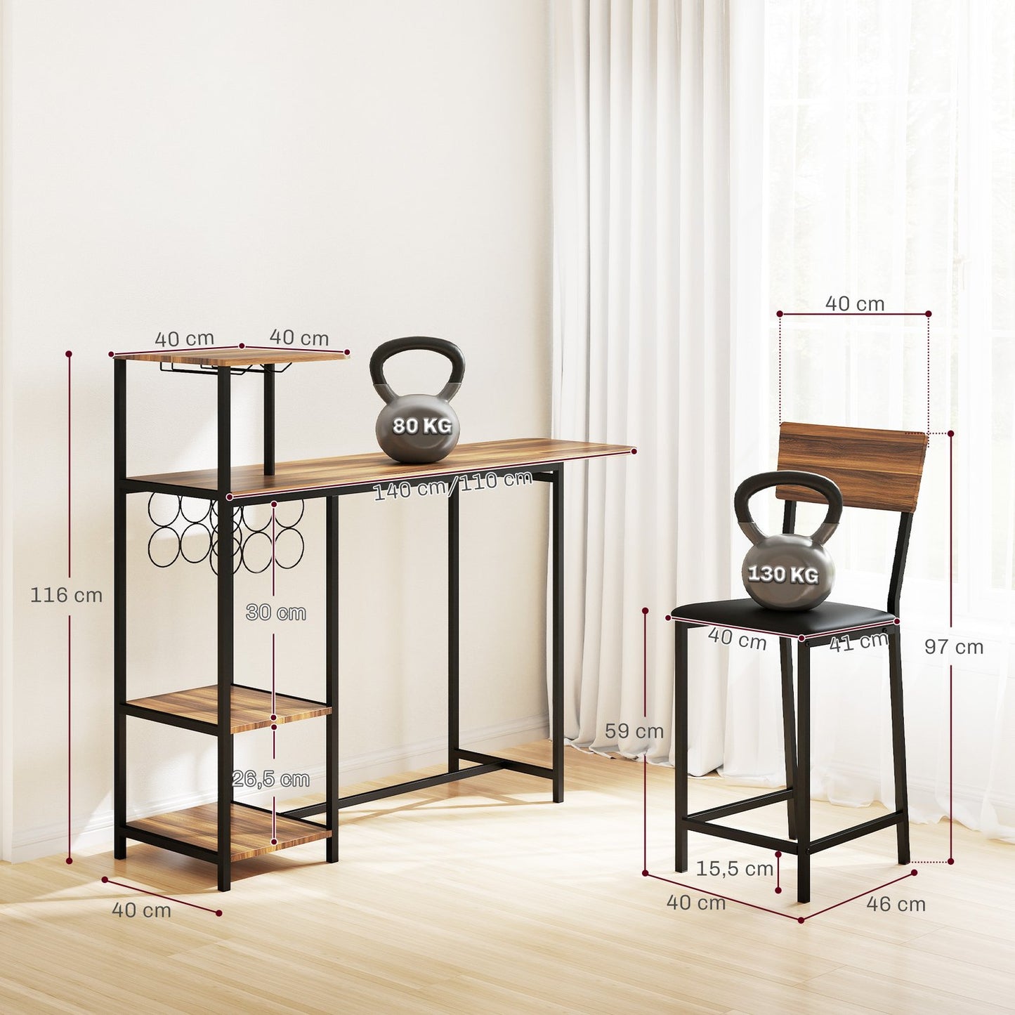 3-piece bar table set with wine rack and glass holder
