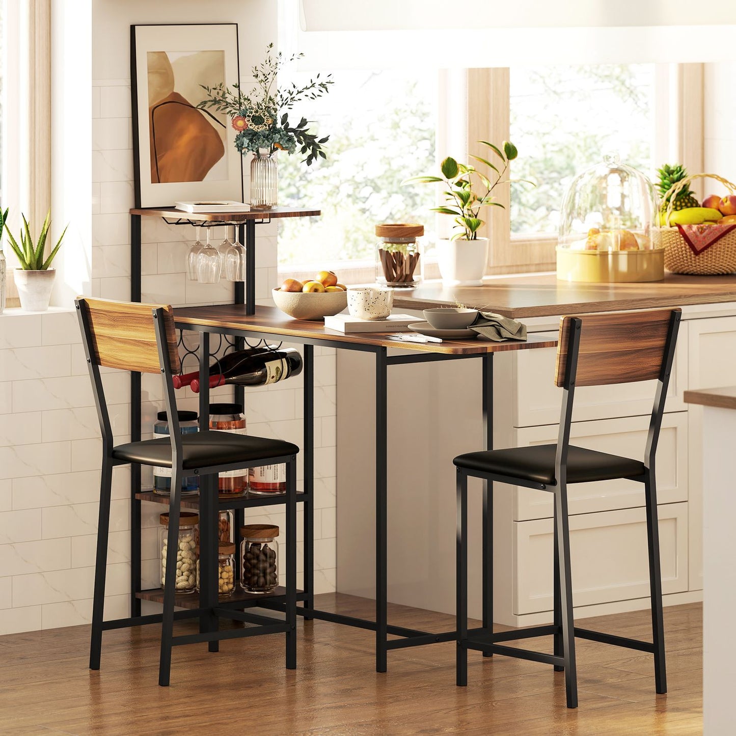 3-piece bar table set with wine rack and glass holder