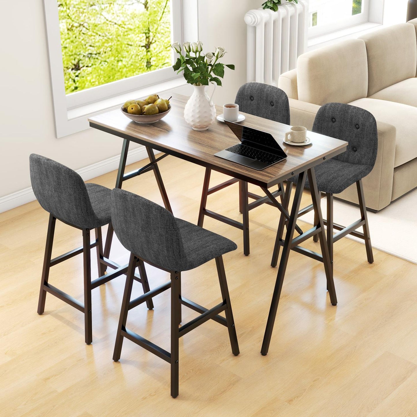 Dark gray bar table set in steel, 5-piece dining group