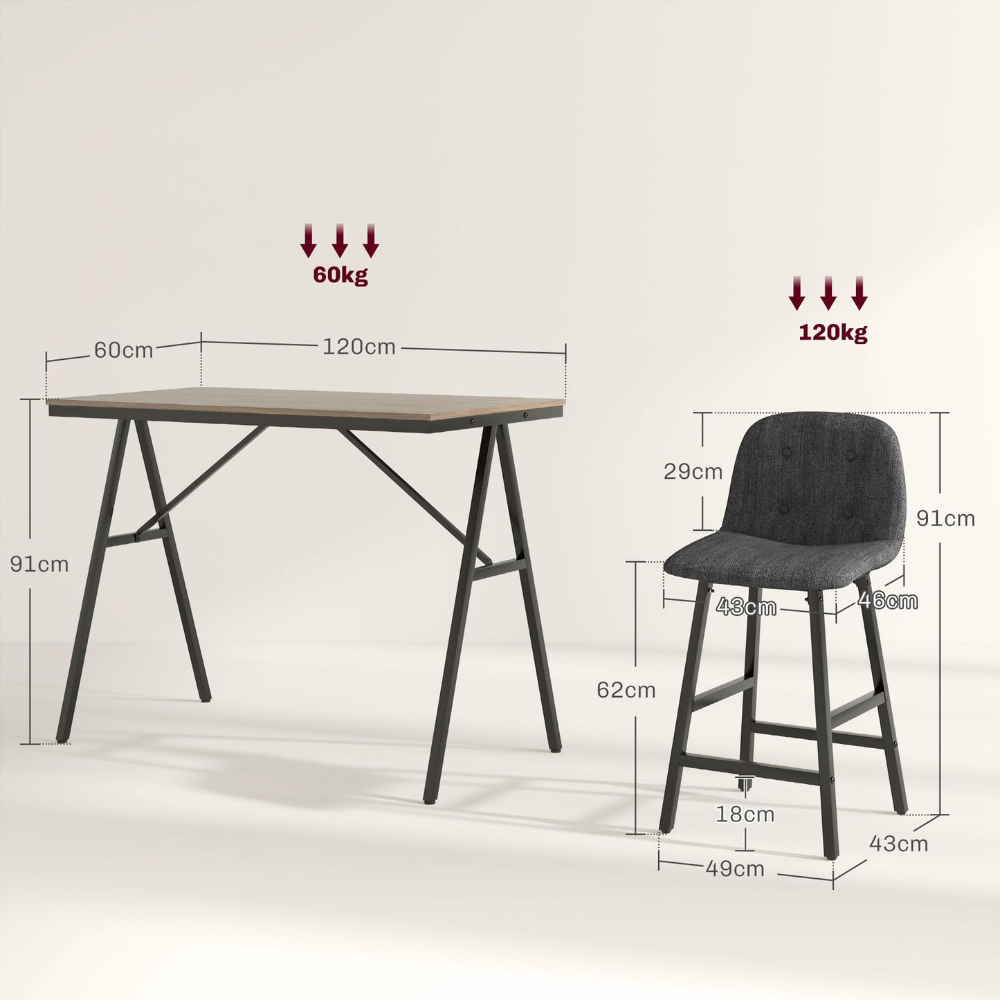 Dark gray bar table set in steel, 5-piece dining group