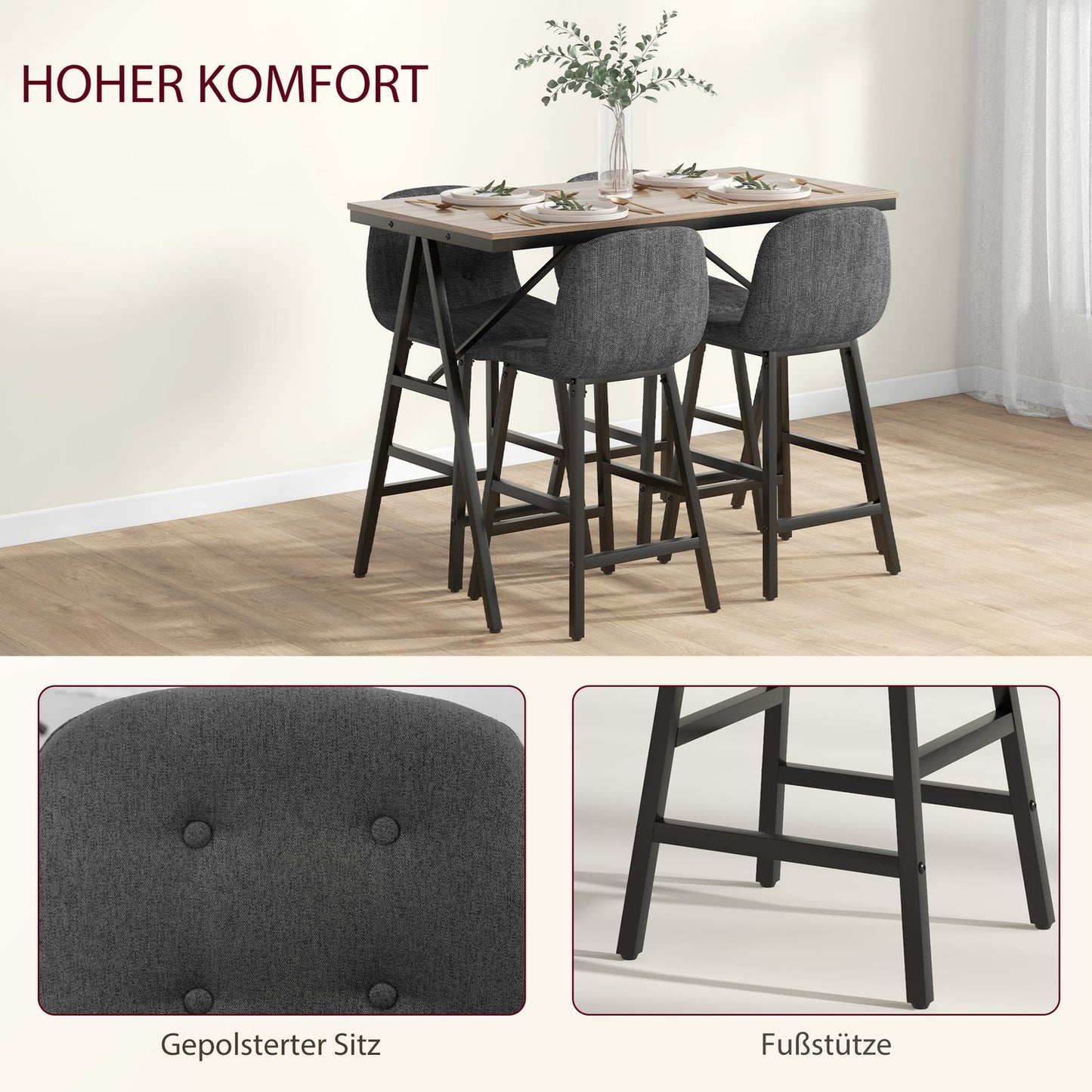 Dark gray bar table set in steel, 5-piece dining group