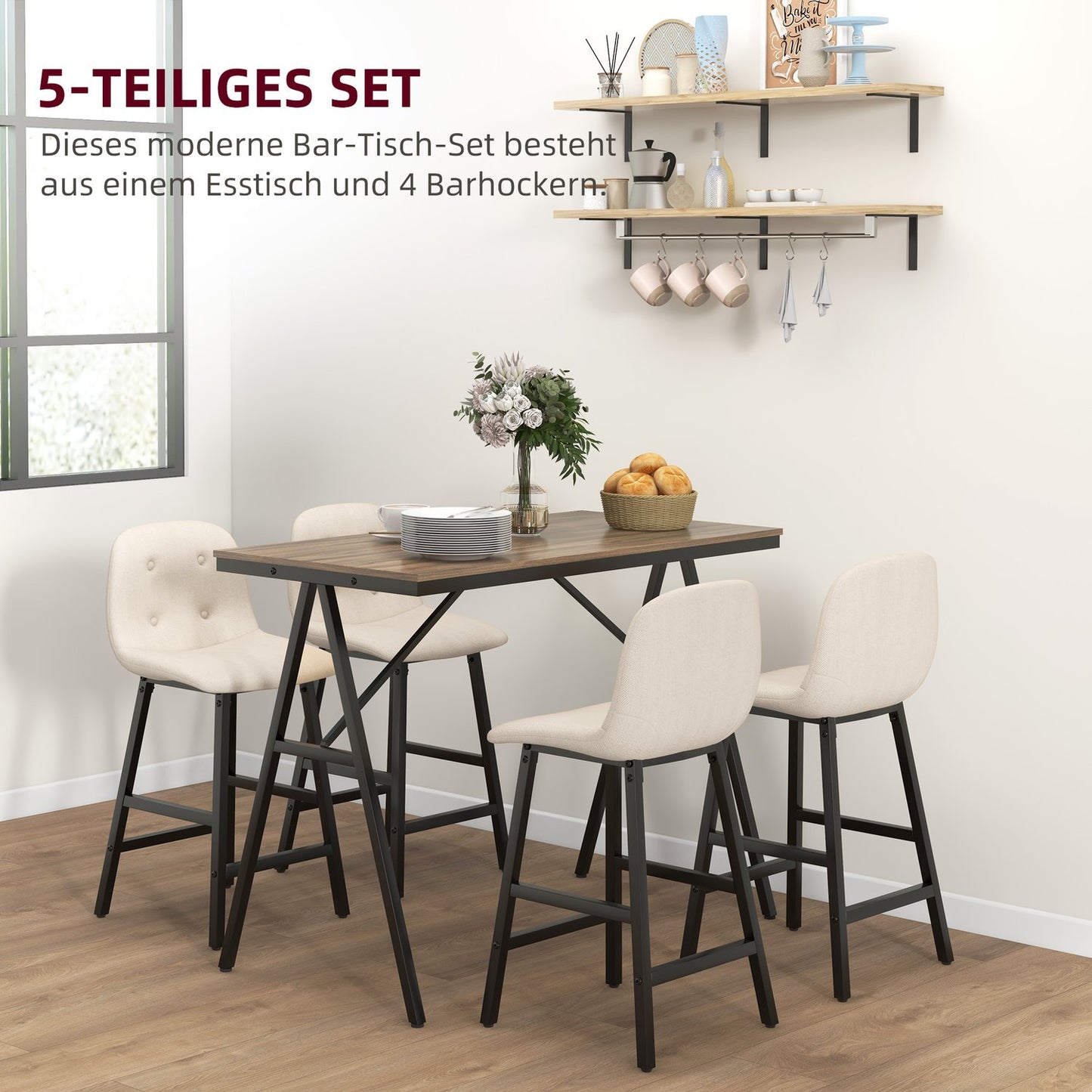 Bar table set with stools, 5-piece, steel, beige, 120x60x91 cm