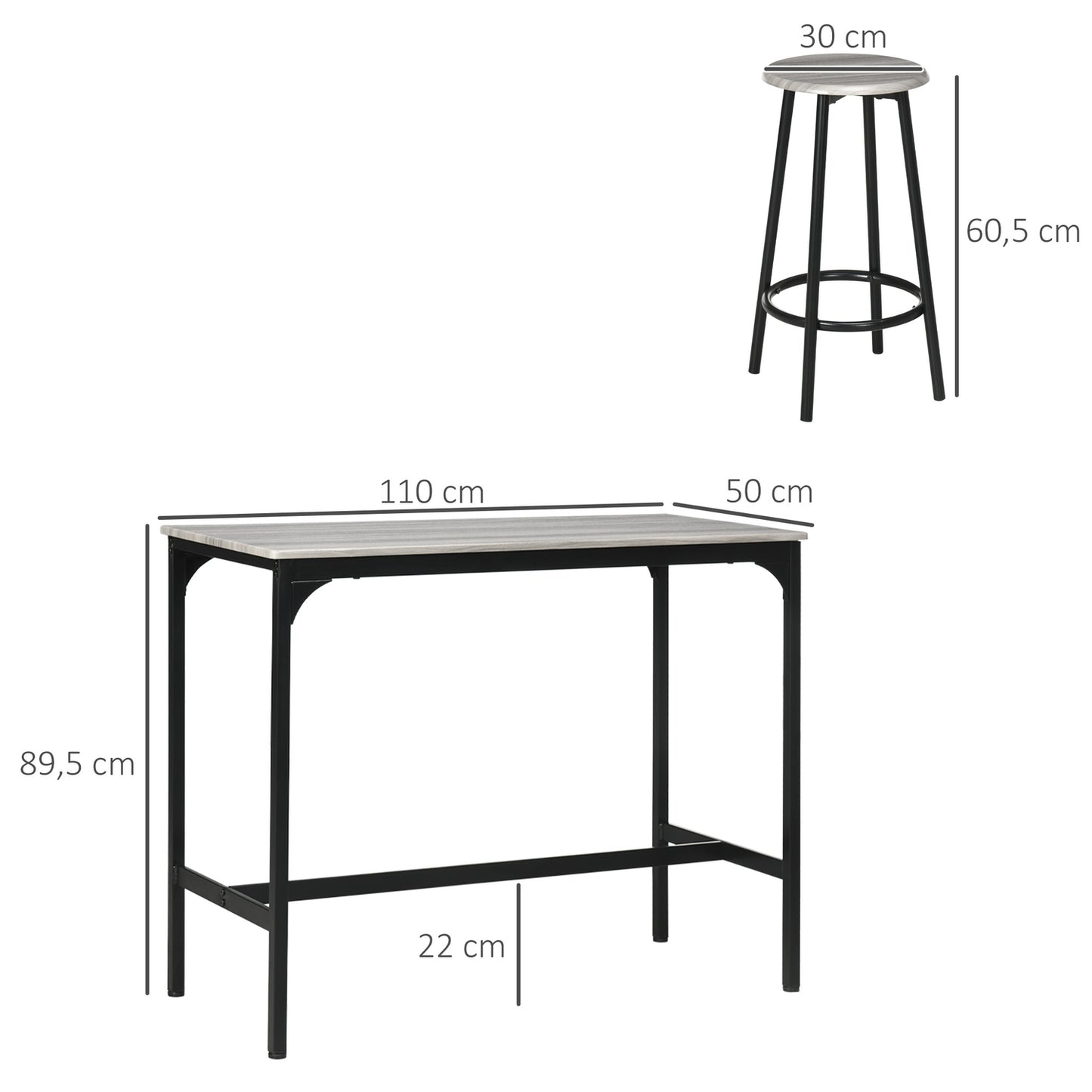 Industrial bar table set with 4 stools - Grey, 5-piece