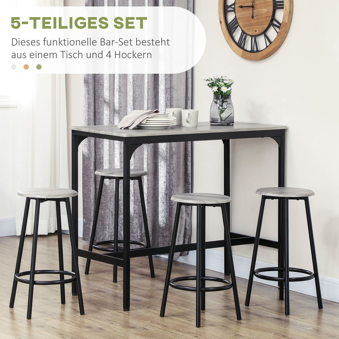 Industrial bar table set with 4 stools - Grey, 5-piece