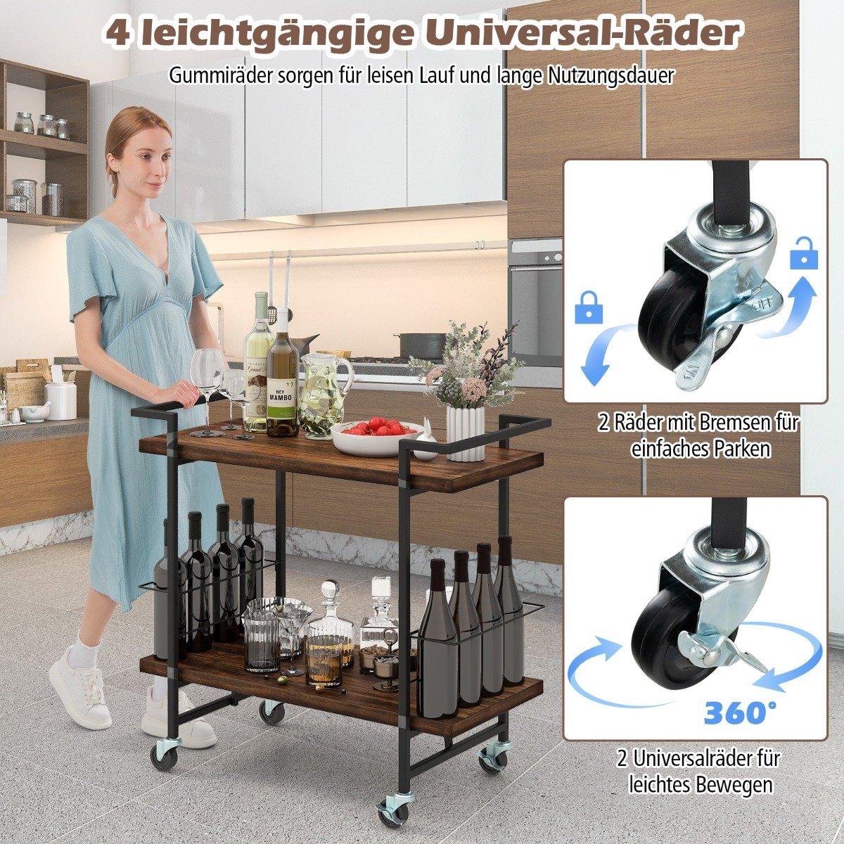 Bar trolley with lockable wheels and non-slip railing kitchen trolley