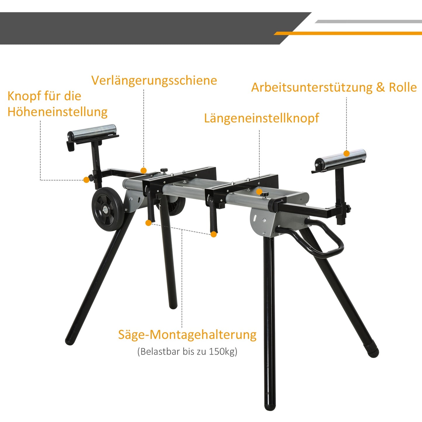 Cross-cut saw base frame with side extension, 123.5-245 cm