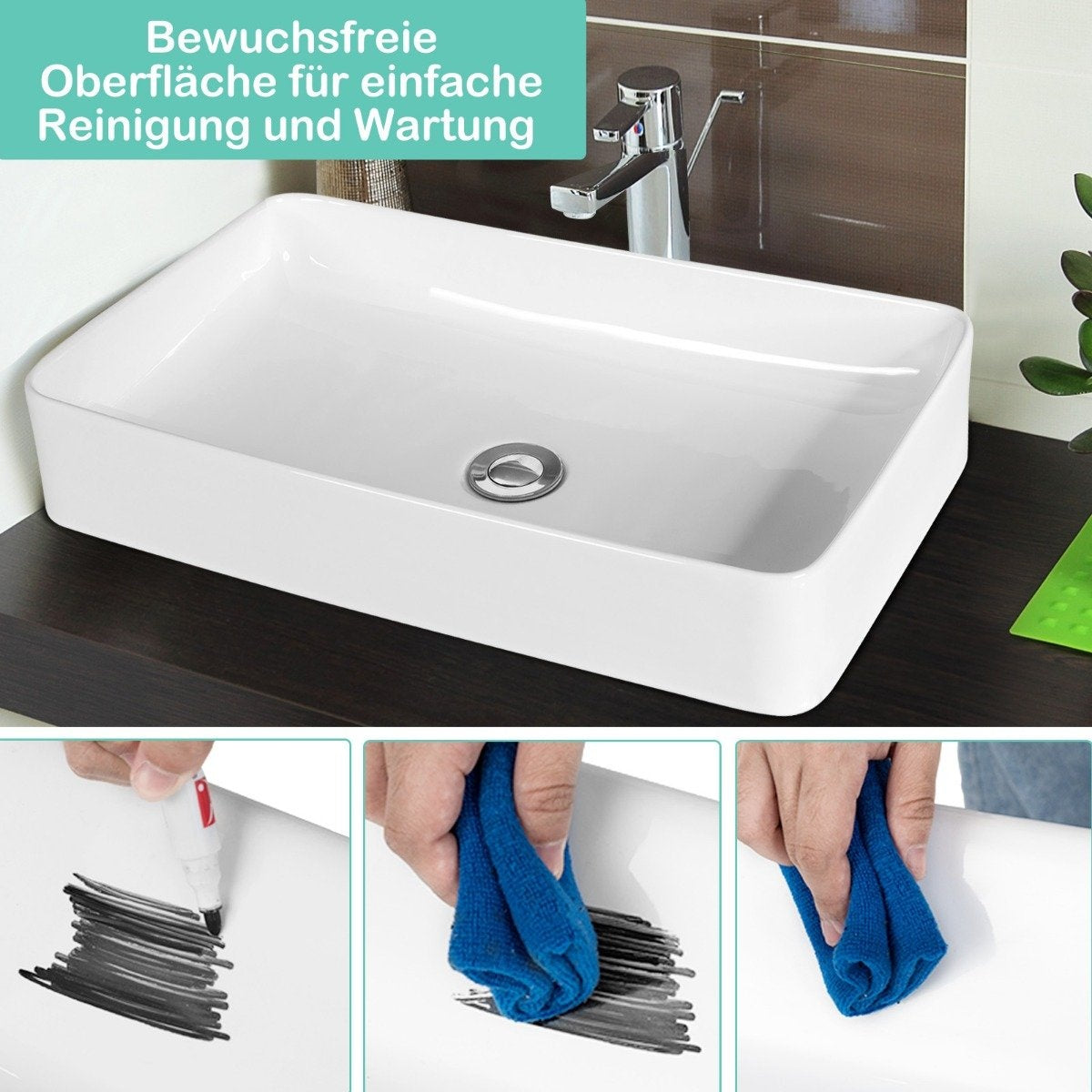 Basin porcelain art basin ceramic basin with pop-up drain 60 x 35 x 11 cm white