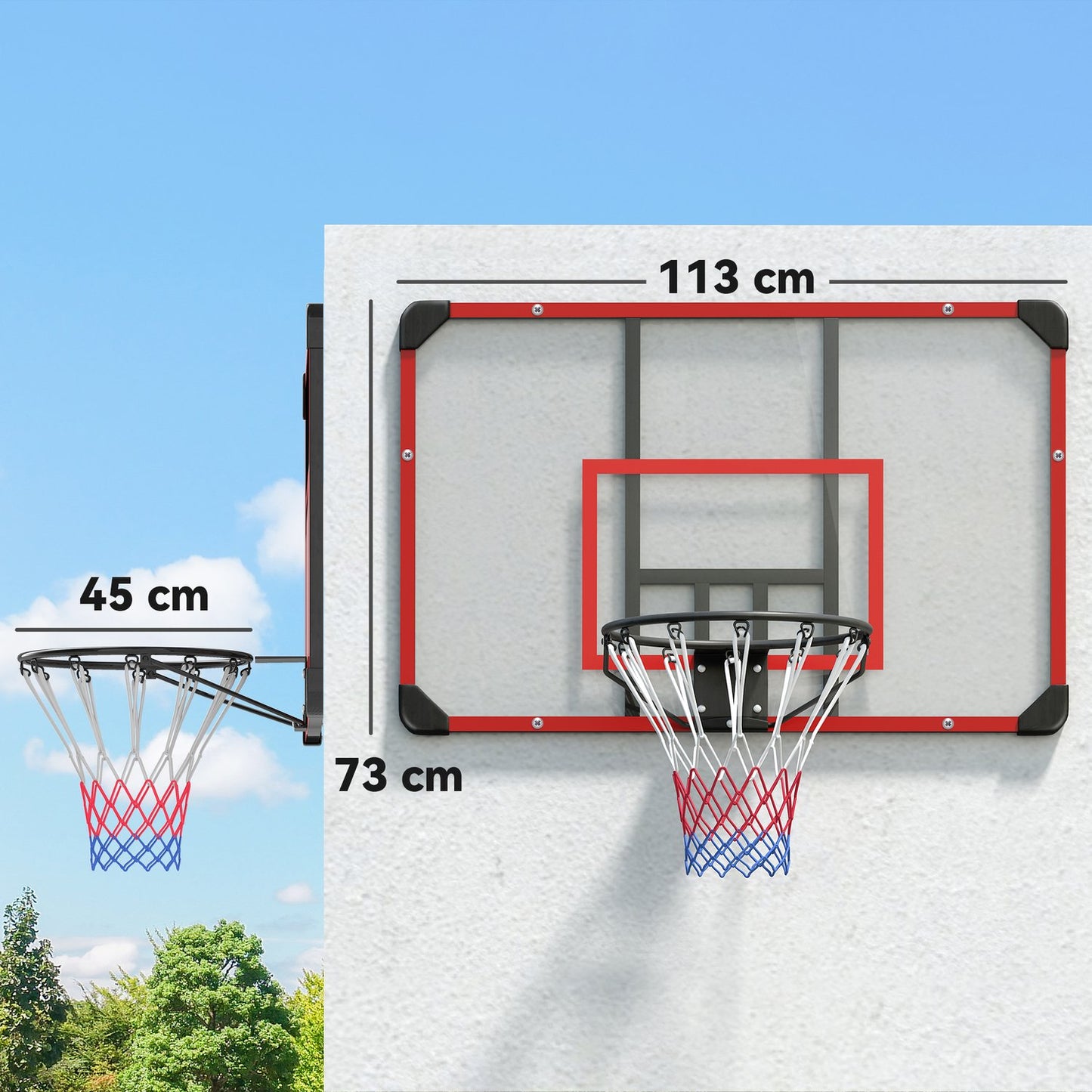Outdoor basketball hoop in steel, wall-mounted, 113 x 61 x 73 cm