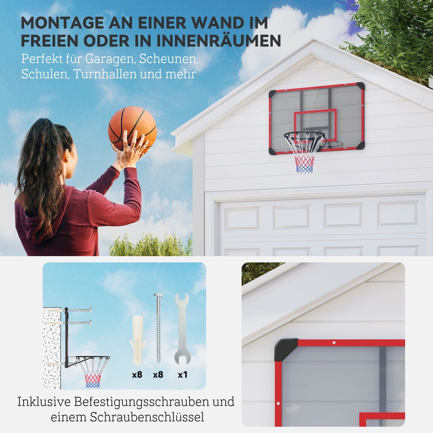 Outdoor basketball hoop in steel, wall-mounted, 113 x 61 x 73 cm