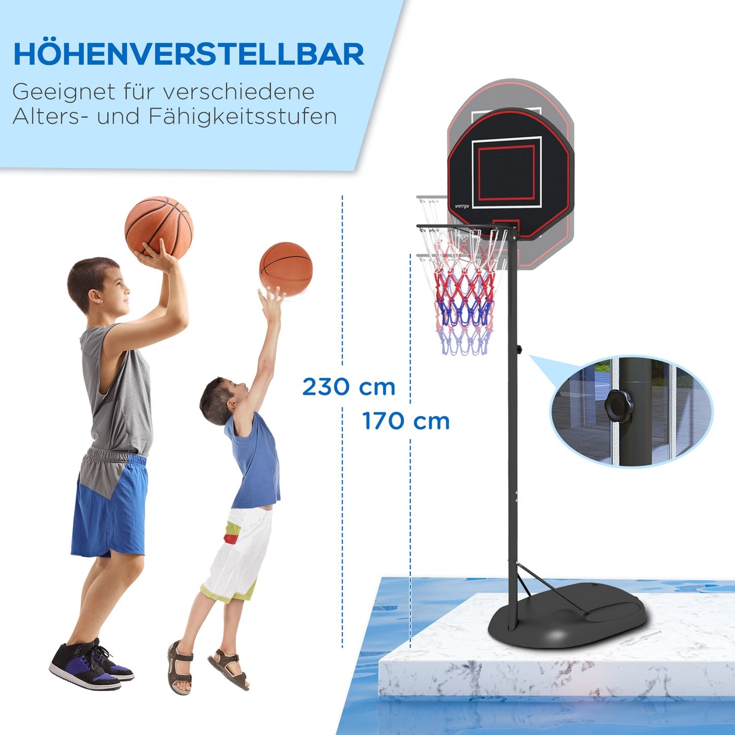 Adjustable stand for basketball hoop, 221-282 cm, crack-proof backboard