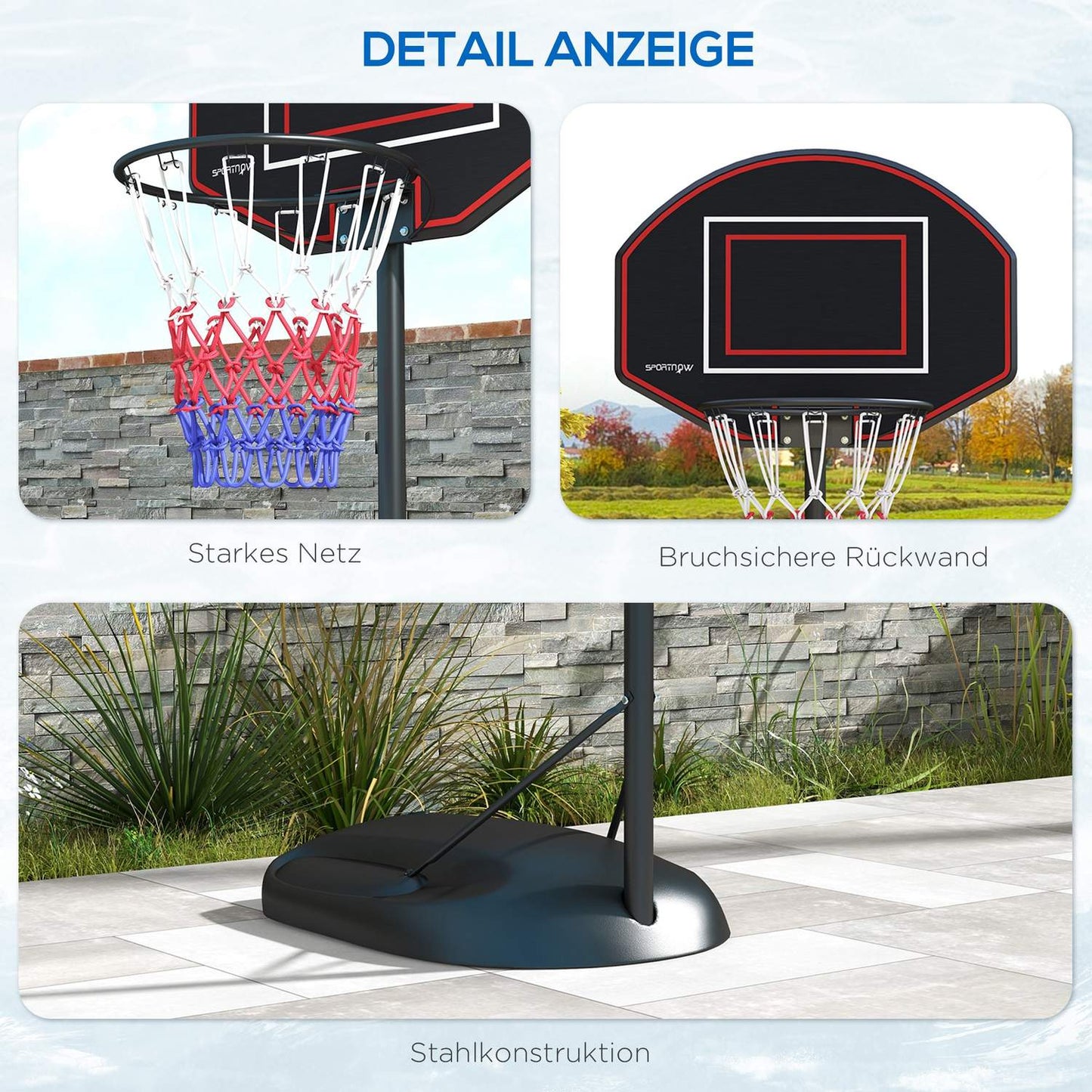 Adjustable stand for basketball hoop, 221-282 cm, crack-proof backboard