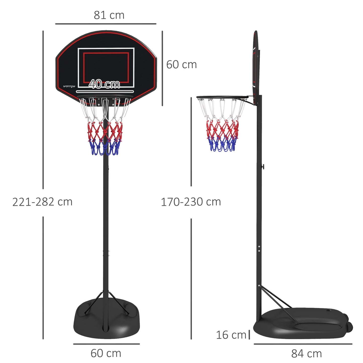 Adjustable stand for basketball hoop, 221-282 cm, crack-proof backboard