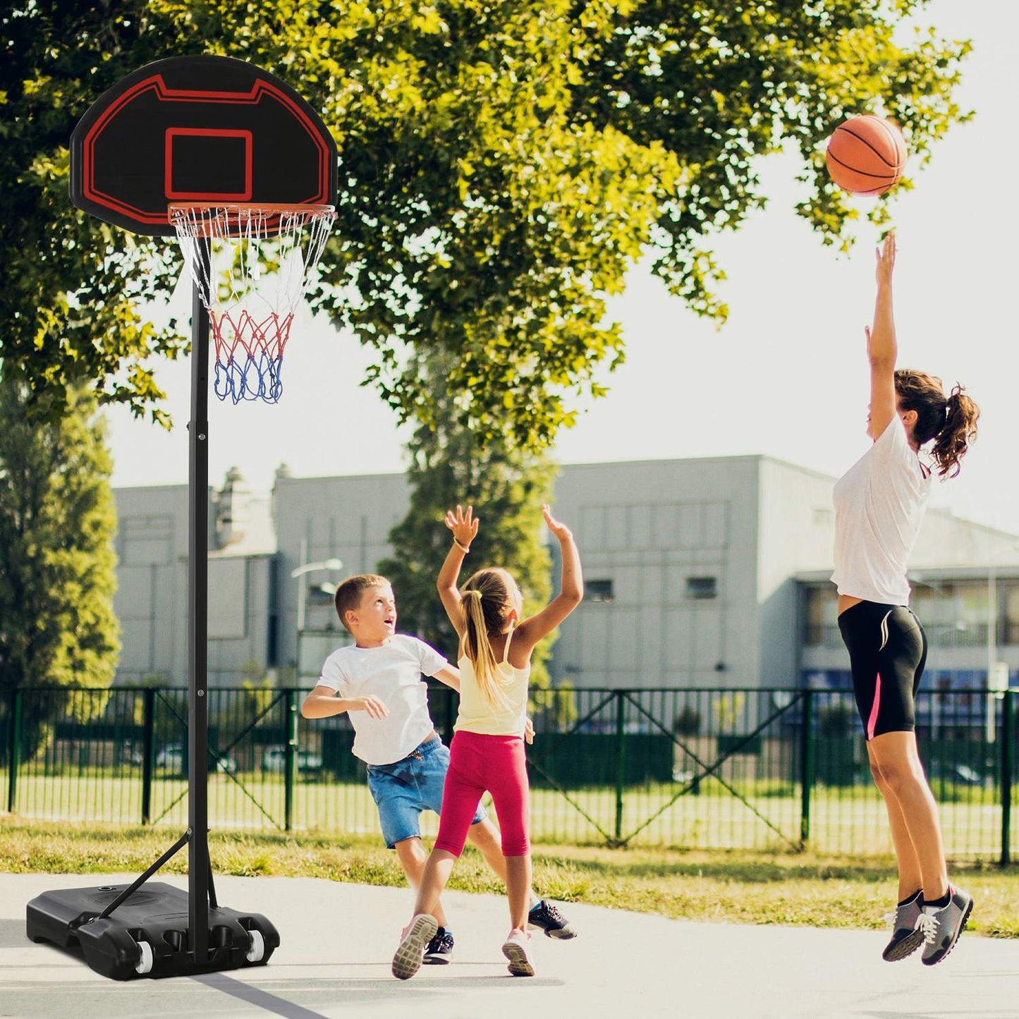 Adjustable outdoor basketball hoop with wheels, 195-250 Cm
