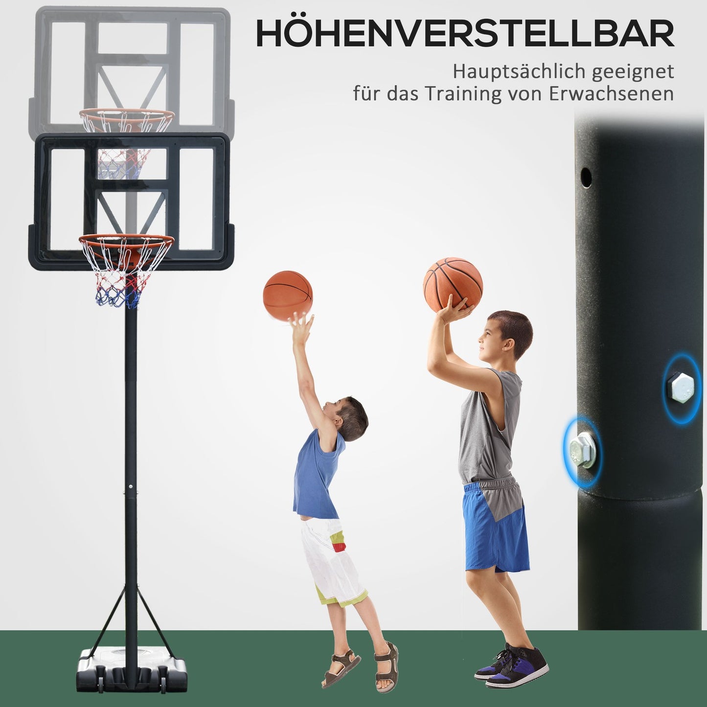 Adjustable portable basketball stand with wheels for indoor and outdoor use
