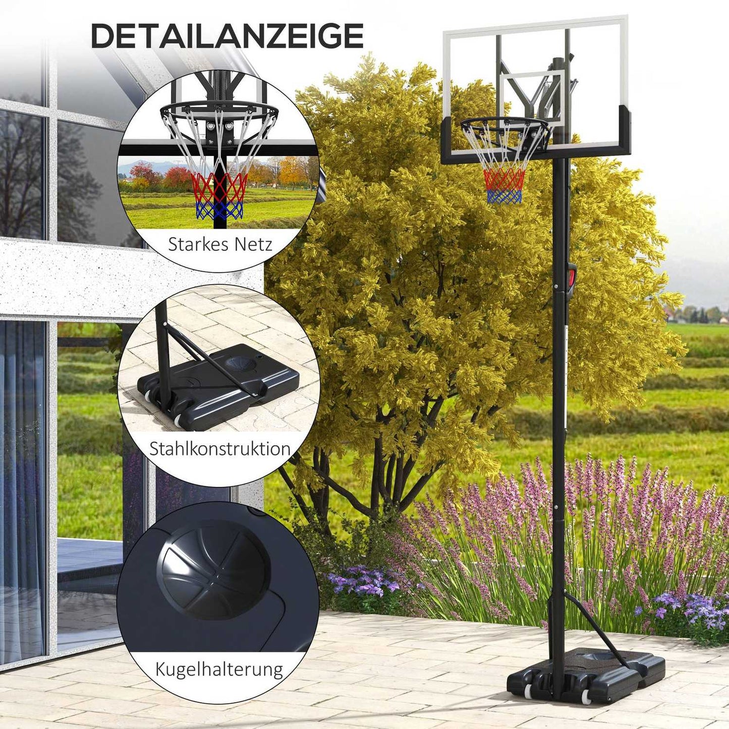 Adjustable outdoor basketball hoop with stand and wheels