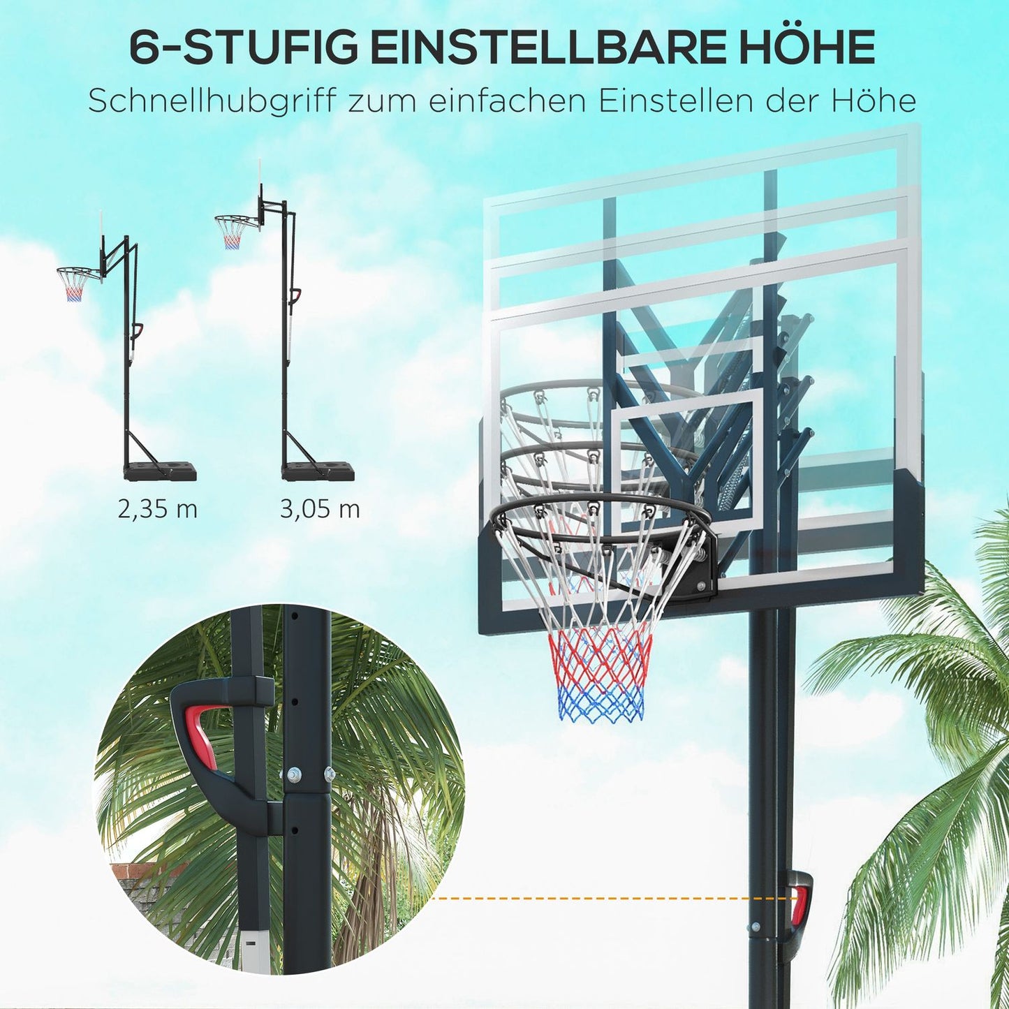 Adjustable outdoor basketball hoop with stand and wheels