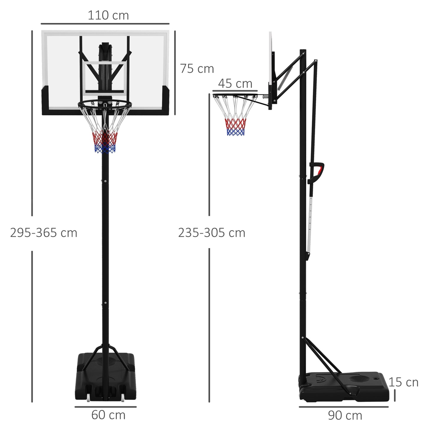 Adjustable outdoor basketball hoop with stand and wheels