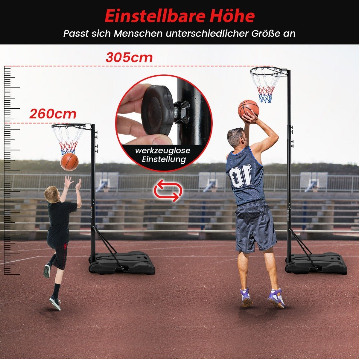 Basketball hoop outdoor portable basketball stand 260-305cm height adjustable black