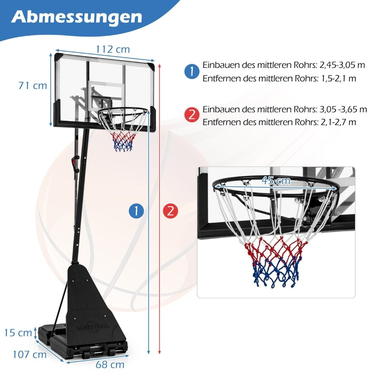 Basketball stand 150-305 cm height-adjustable basketball hoop outdoor with stand